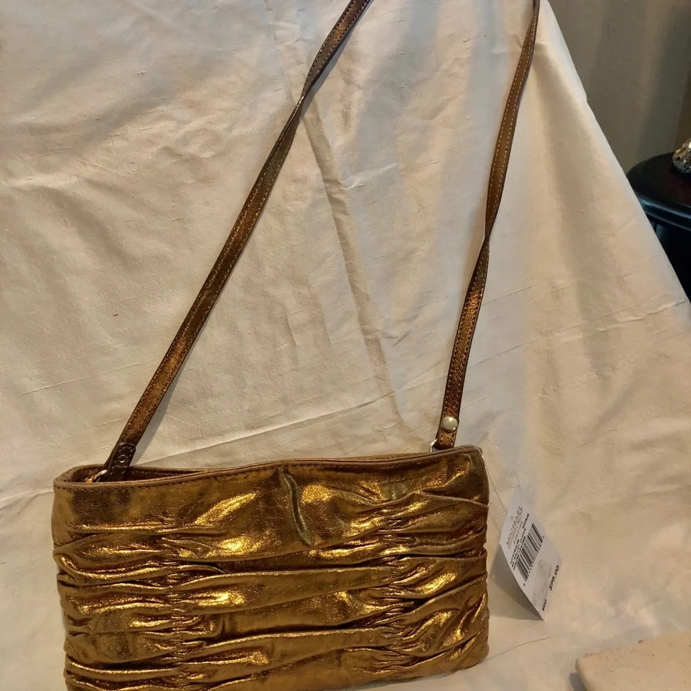 Michael Kors Metallic Gold Ruched Leather Clutch